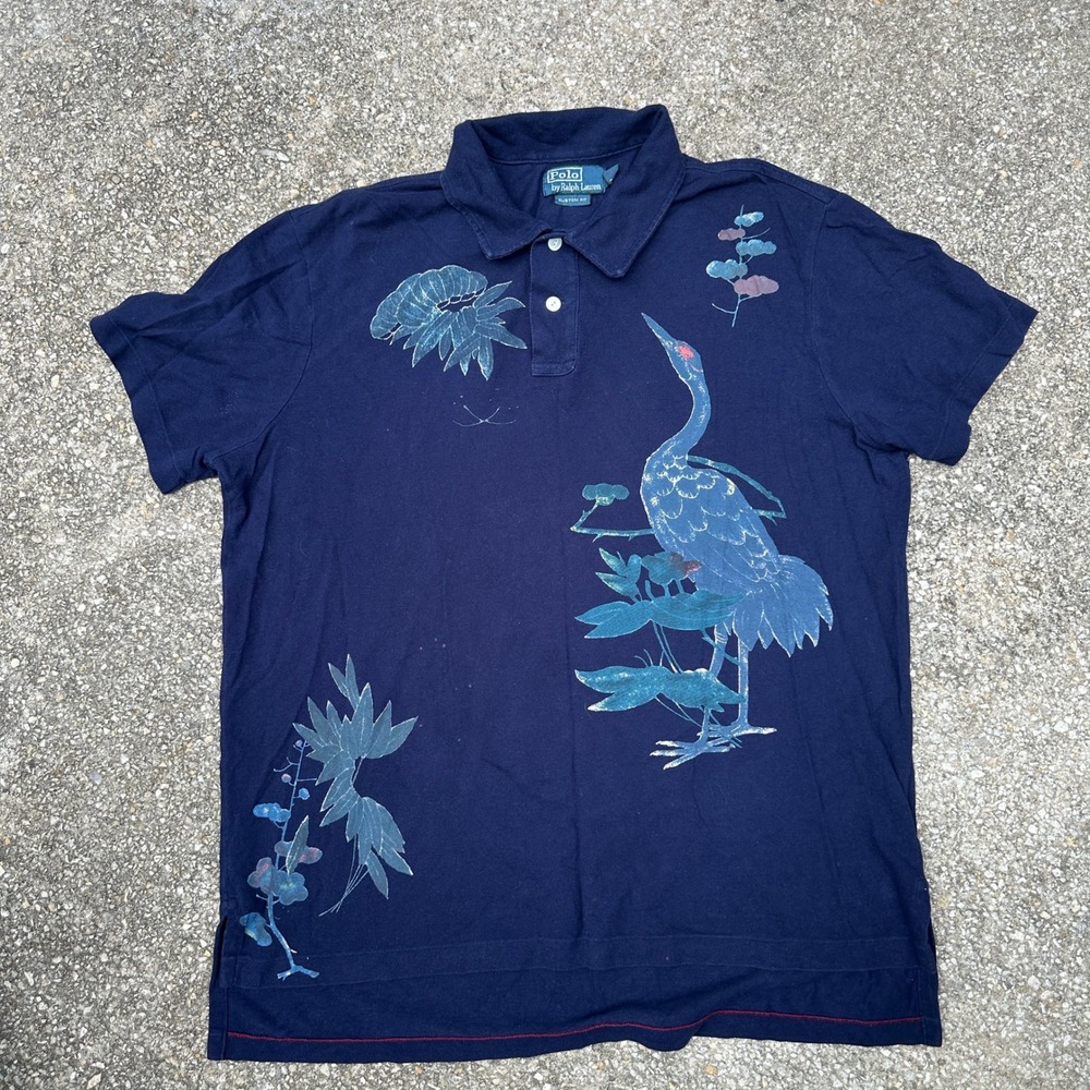 Polo Ralph Lauren Mens XL Navy Blue Crane Graphic Print Custom Fit Polo Shirt